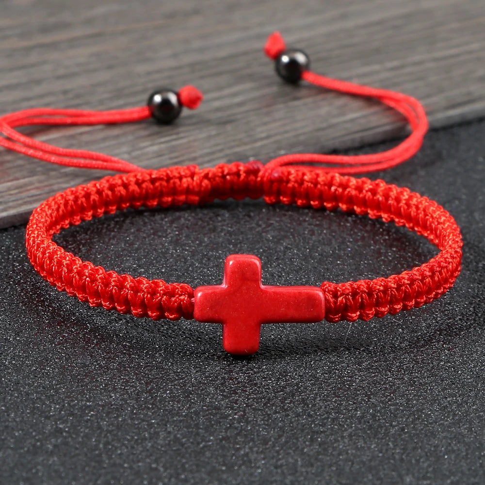 Vintage Woven Rope Bracelet Multicolor Jesus Cross Natural Stone Charm Handmade Adjustable For Women Men Jewelry Gifts