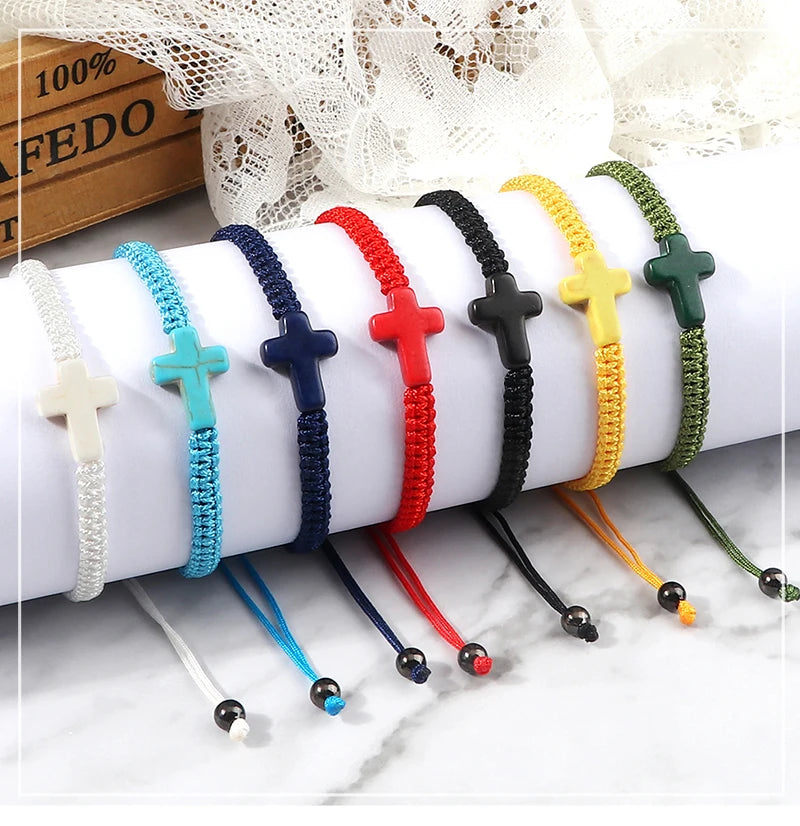 Vintage Woven Rope Bracelet Multicolor Jesus Cross Natural Stone Charm Handmade Adjustable For Women Men Jewelry Gifts
