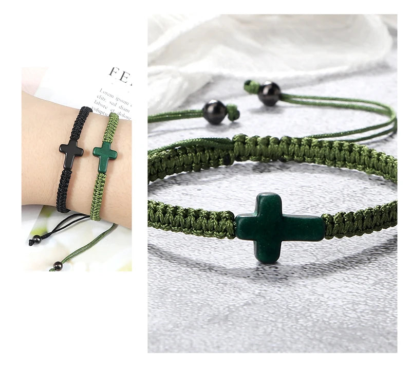 Vintage Woven Rope Bracelet Multicolor Jesus Cross Natural Stone Charm Handmade Adjustable For Women Men Jewelry Gifts
