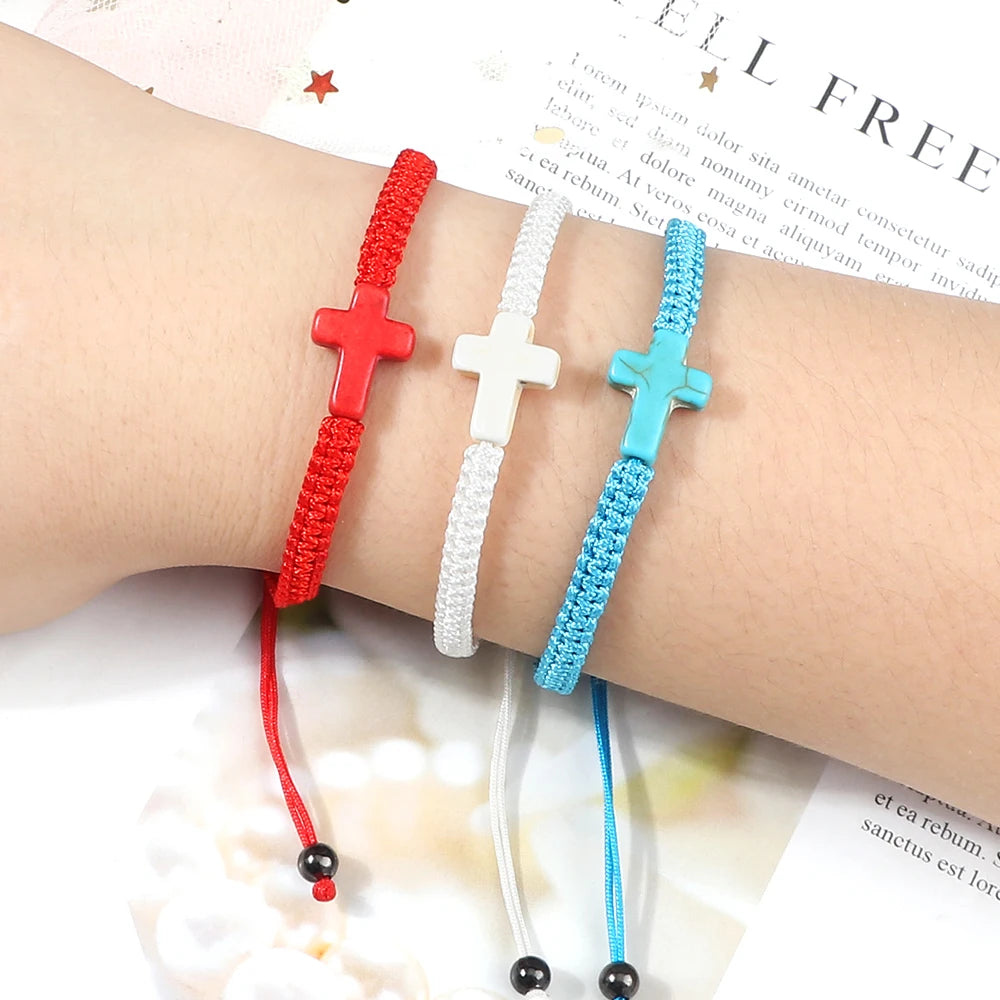 Vintage Woven Rope Bracelet Multicolor Jesus Cross Natural Stone Charm Handmade Adjustable For Women Men Jewelry Gifts