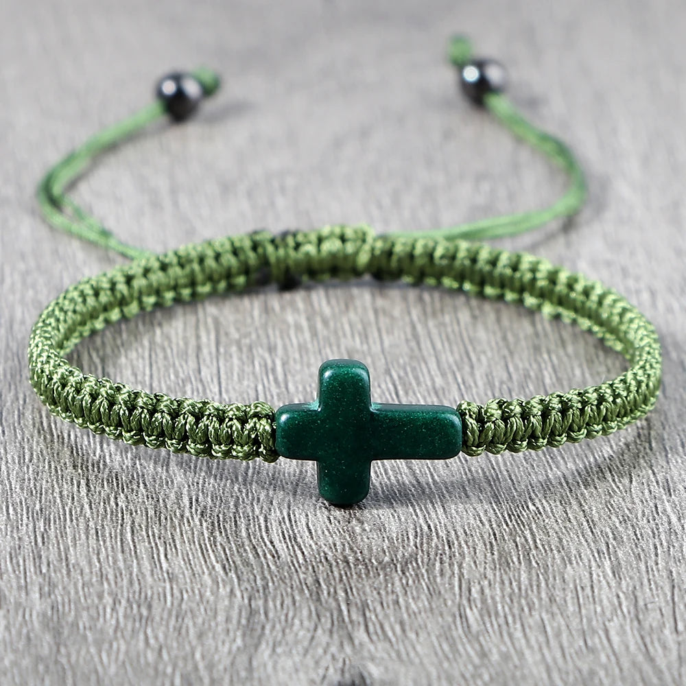Vintage Woven Rope Bracelet Multicolor Jesus Cross Natural Stone Charm Handmade Adjustable For Women Men Jewelry Gifts