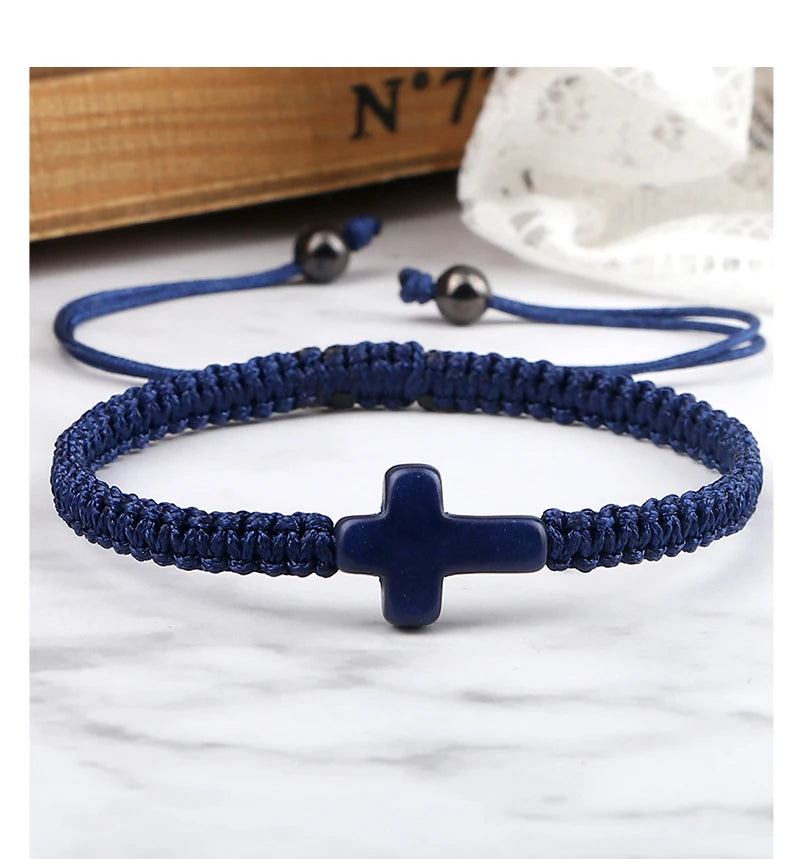Vintage Woven Rope Bracelet Multicolor Jesus Cross Natural Stone Charm Handmade Adjustable For Women Men Jewelry Gifts