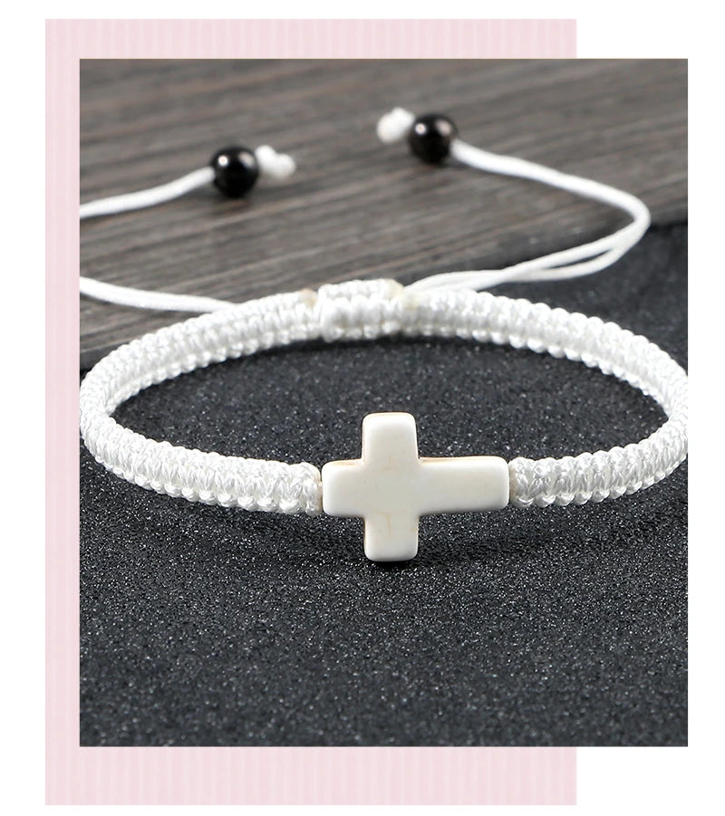 Vintage Woven Rope Bracelet Multicolor Jesus Cross Natural Stone Charm Handmade Adjustable For Women Men Jewelry Gifts