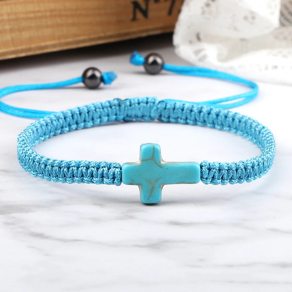 Vintage Woven Rope Bracelet Multicolor Jesus Cross Natural Stone Charm Handmade Adjustable For Women Men Jewelry Gifts